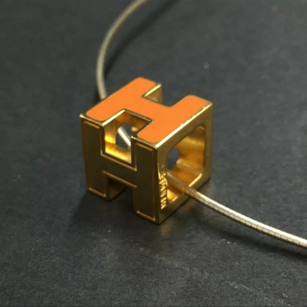 AUTH HERMES H Cube Orange Gold Pendant Necklace - Picture 5 of 6